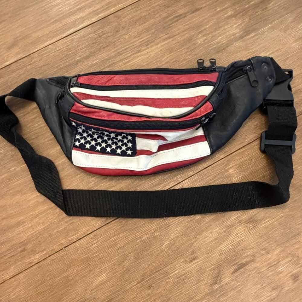 Vintage American Flag Leather Fanny Pack Waist Bag USA Stars Stripes Black
